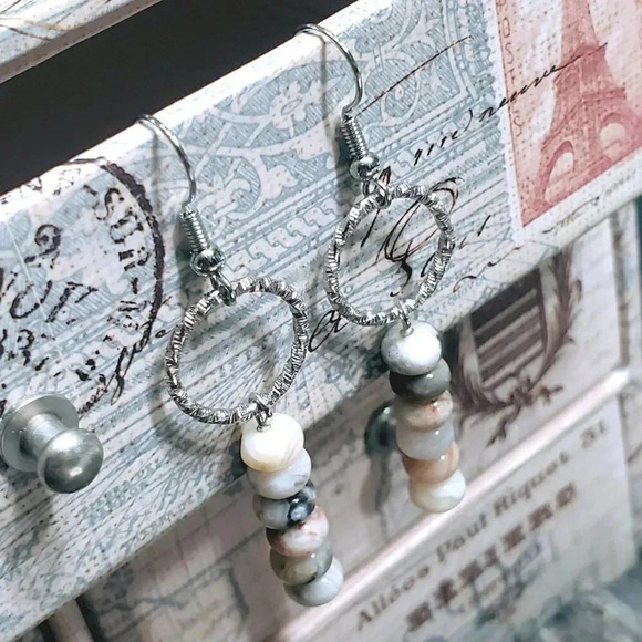 Agate Gemstone Rondelle Beads Textured Silver Ring Handcrafted Earrings - Picture 2 of 11